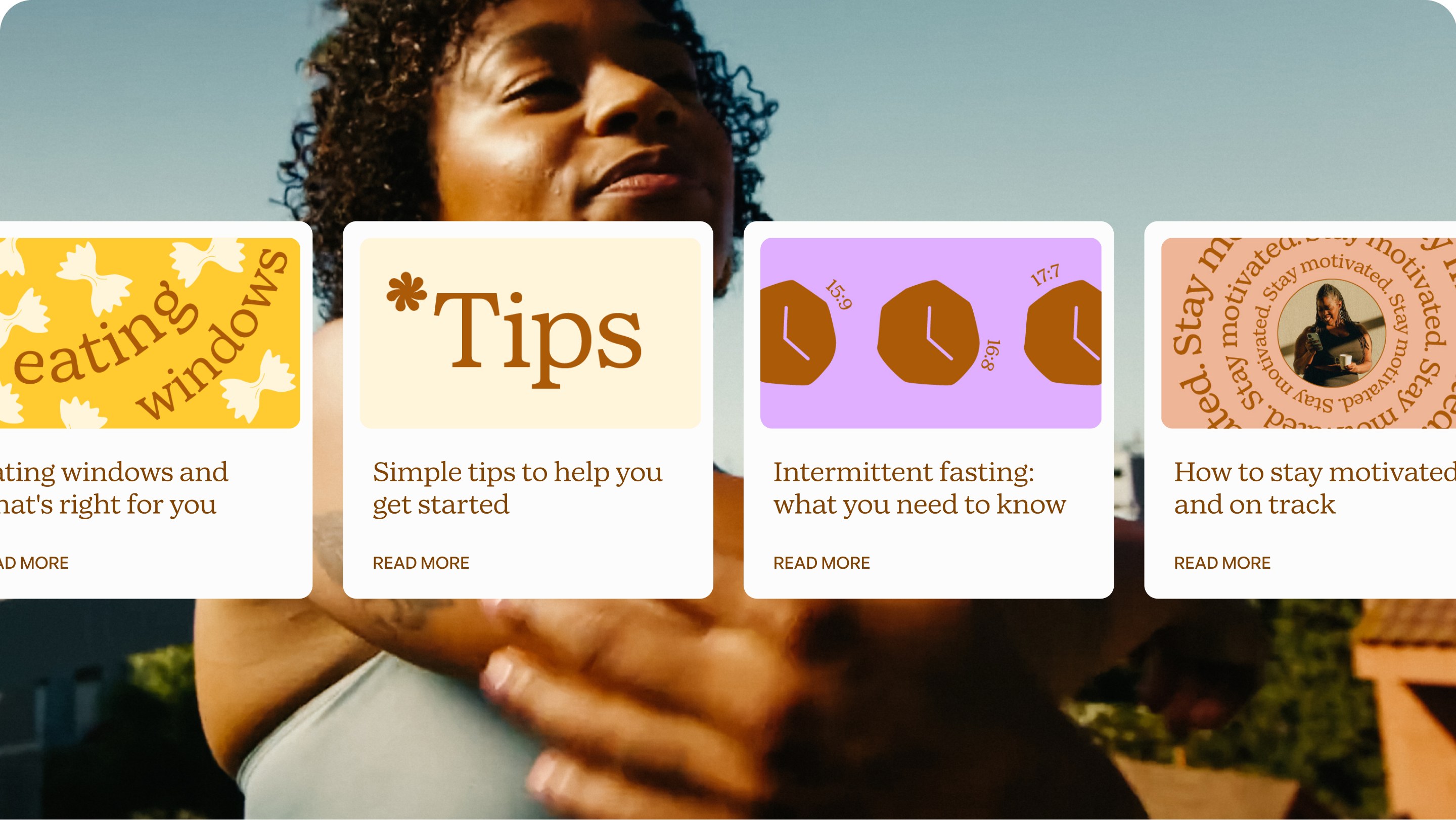 Blog cards — eating windows, tips, intermittent fasting, staying motivated