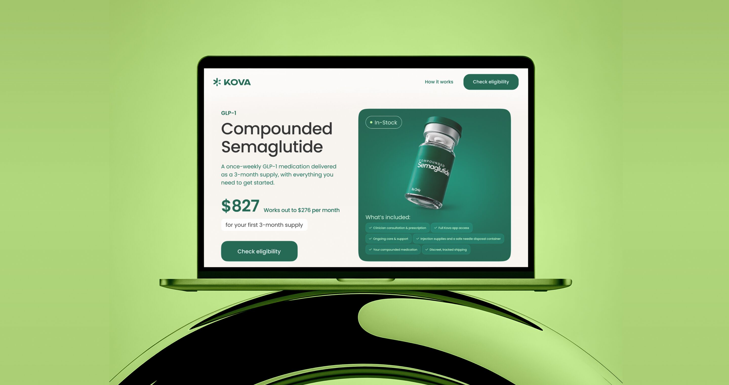 KOVA website — Compounded Semaglutide landing page on a laptop