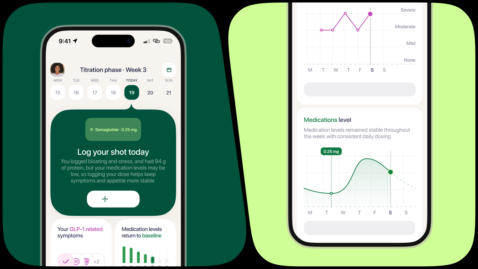 KOVA app — medication tracking screens