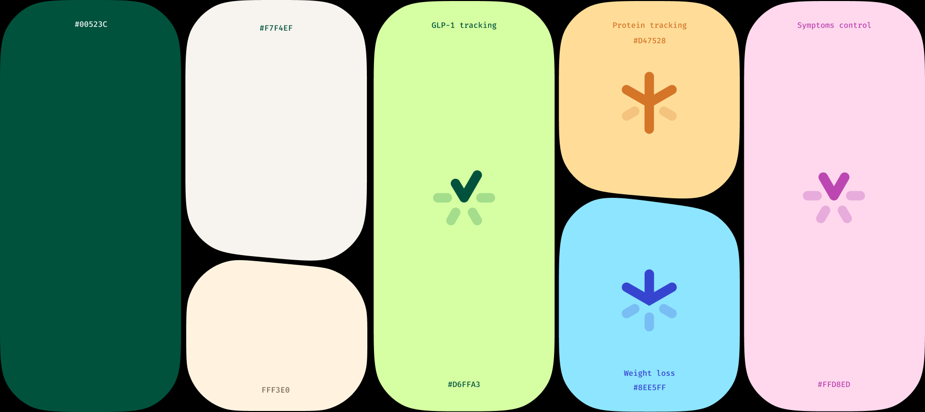 KOVA palette and icon cards — deep green, ivory, lime, pink