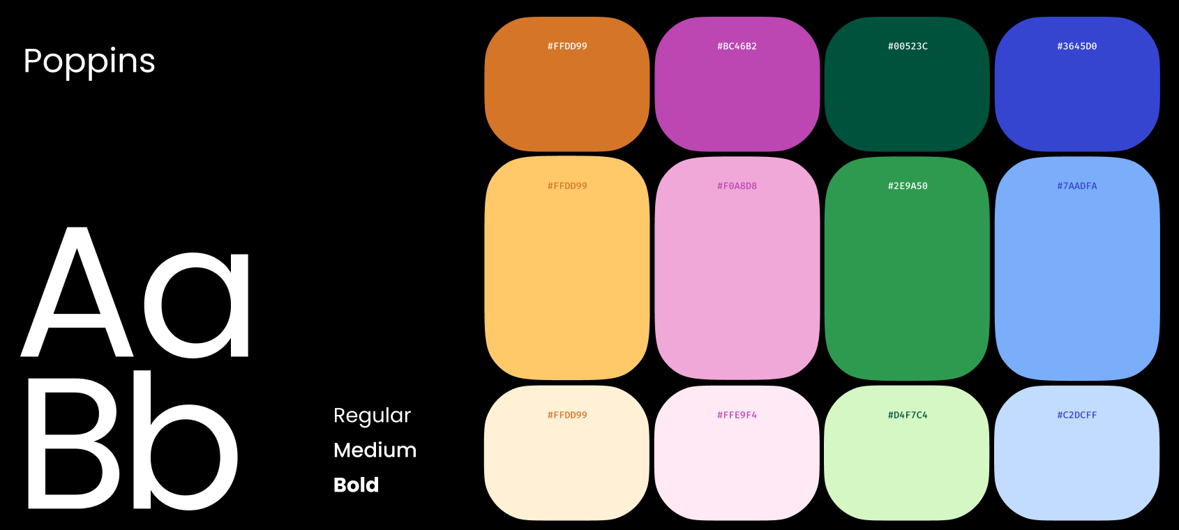 KOVA typography — Poppins — and colour swatches