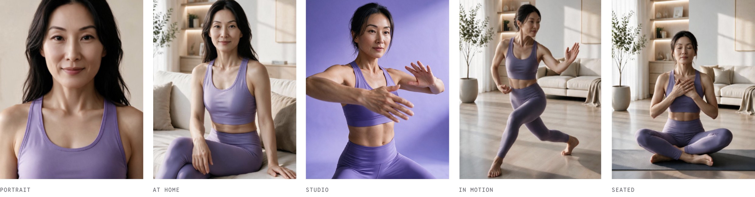 Anna in different looks — portrait, at home, studio, in motion, seated