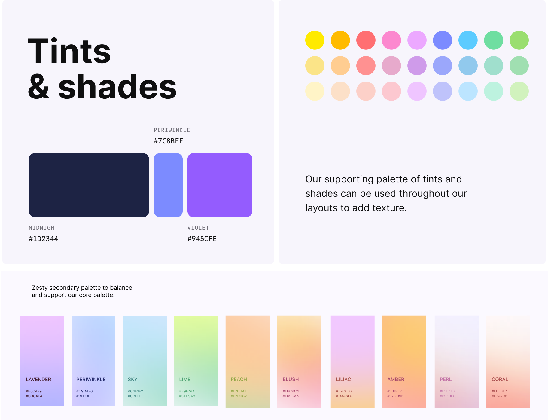 Colour system — tints & shades, core palette, zesty gradients