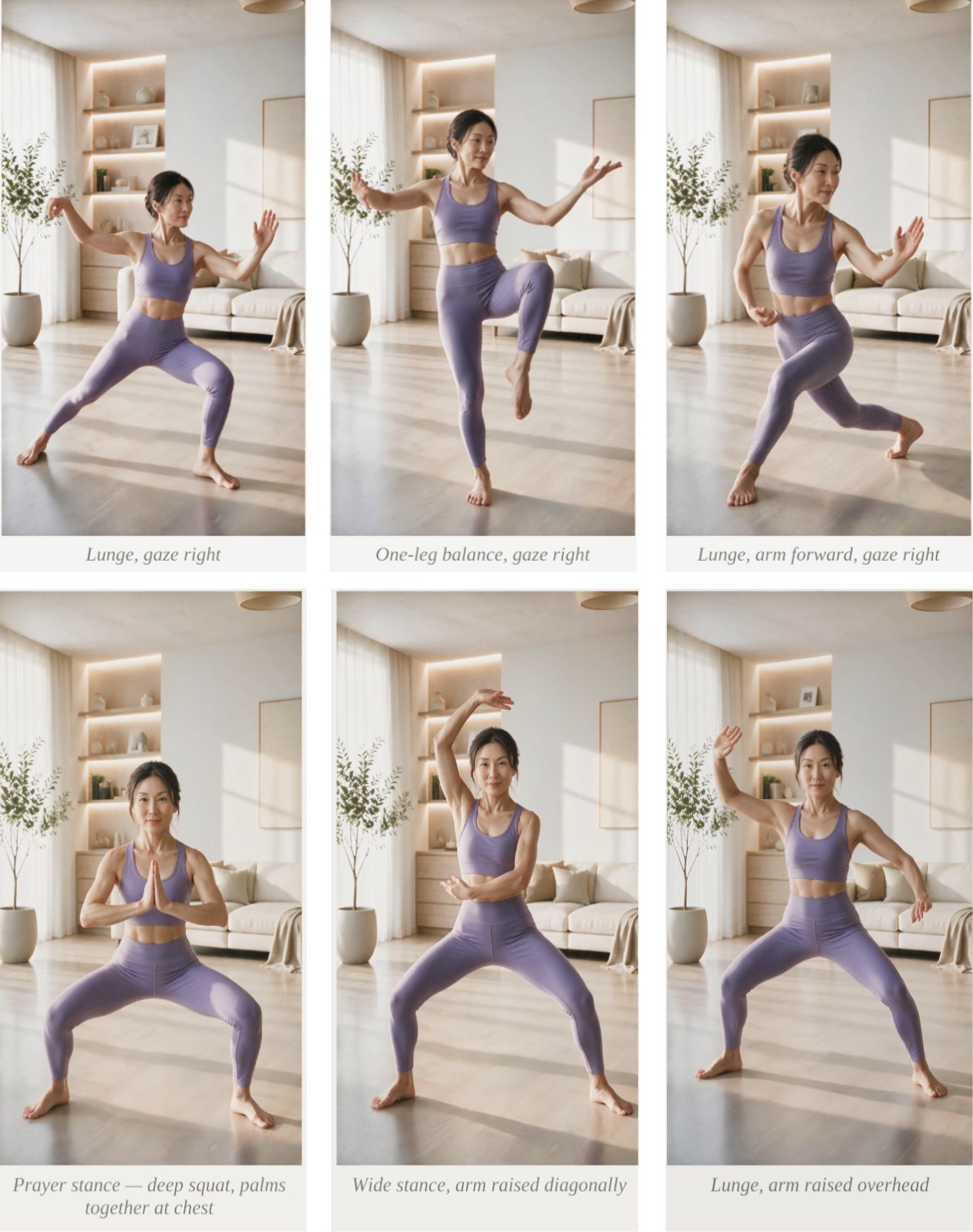 Anna — Tai Chi stances: lunges, balances, prayer and wide stances