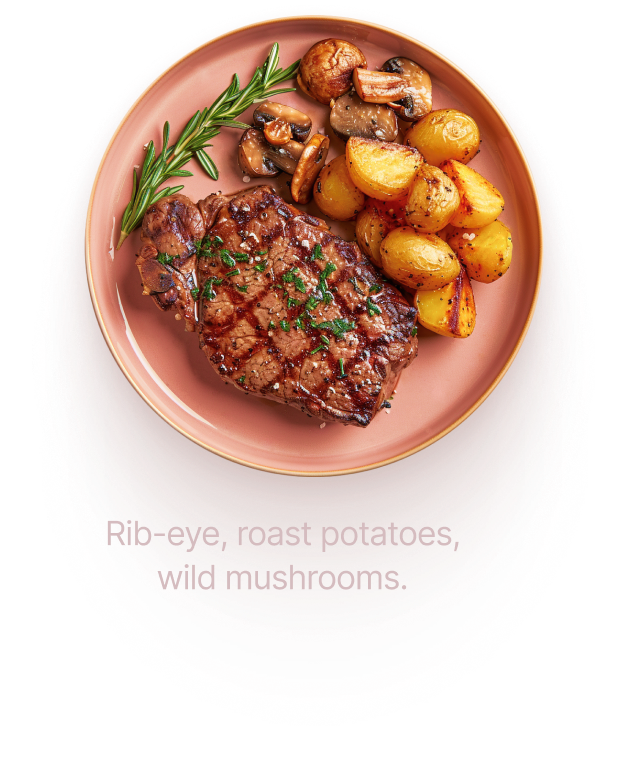 Rib-eye, roast potatoes, wild mushrooms.